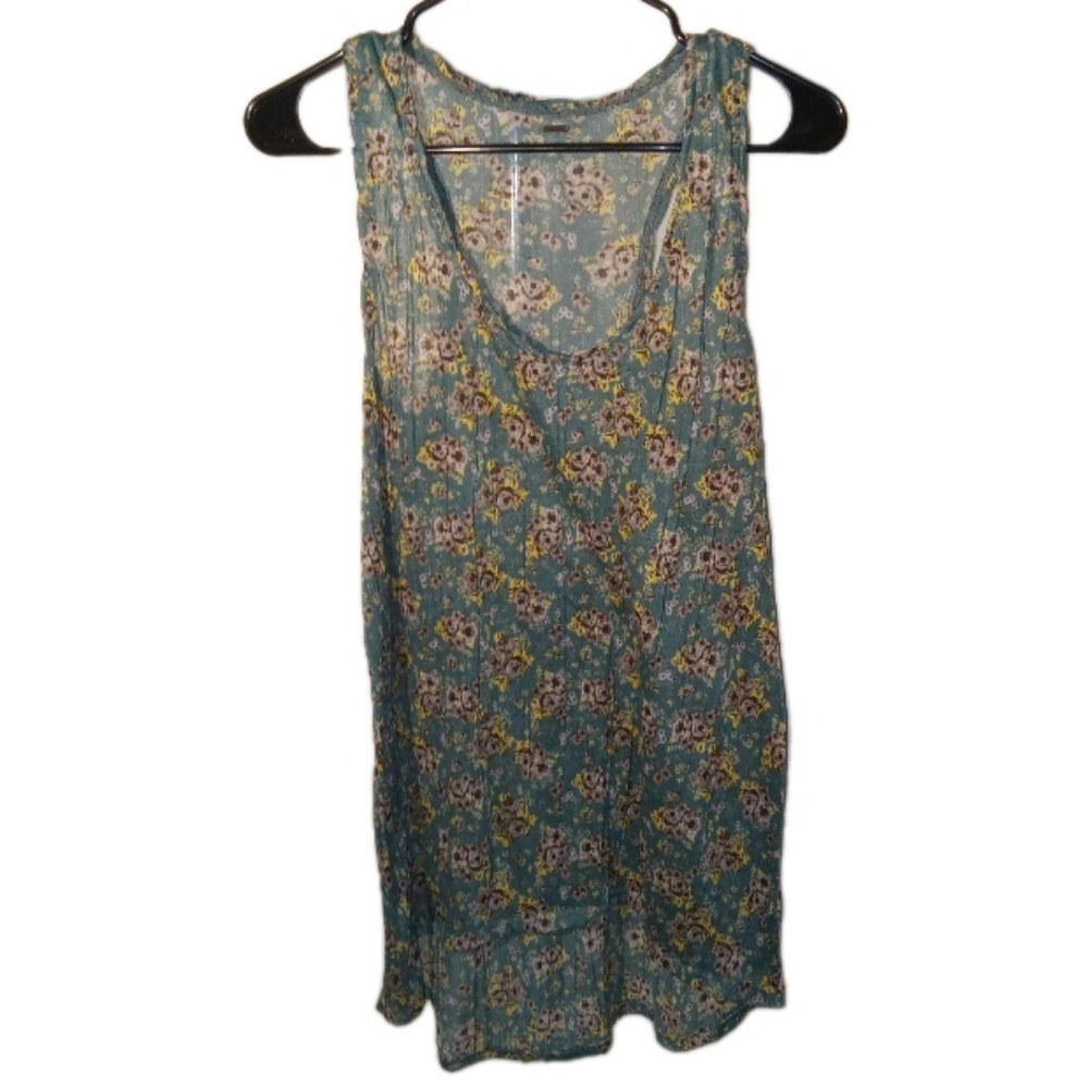 Free People Green Floral Semi Sheer Tunic Tank Top Medium - Picture 1 of 7